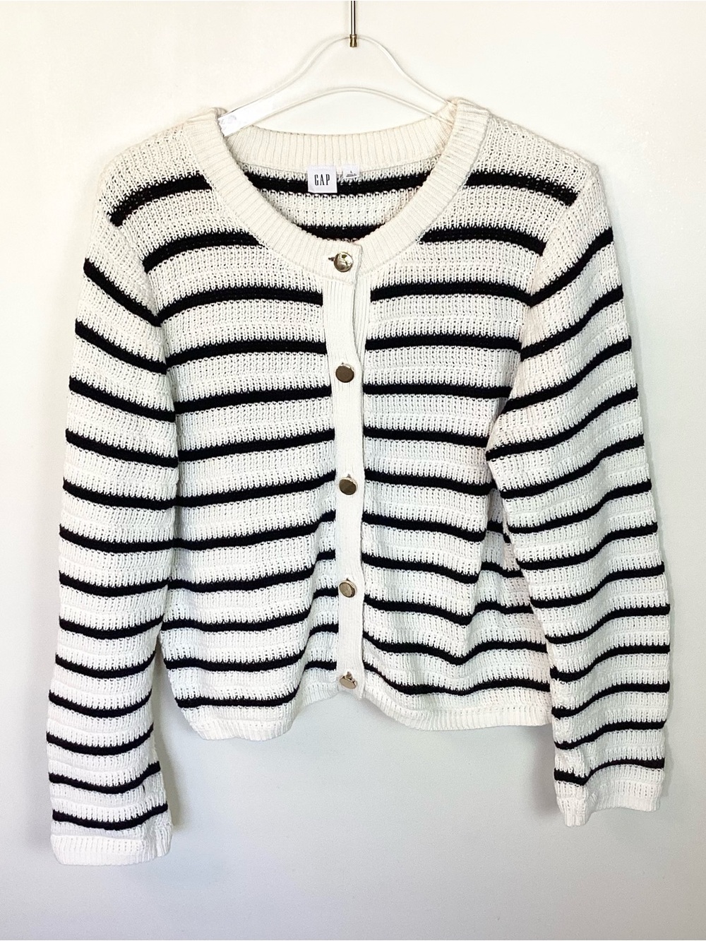 Gap Factory Mixed Stitch Striped Cotton Cardigan - Ivory & Black - L